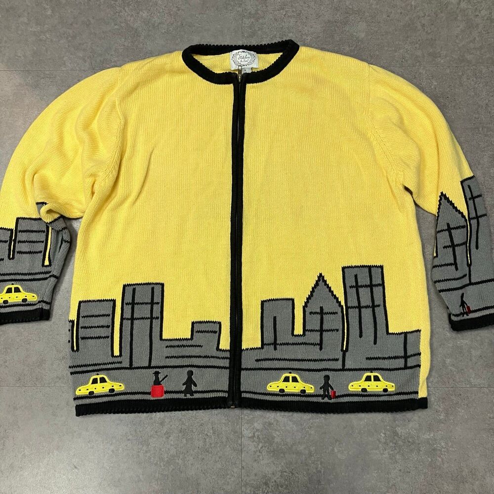 Stitches In Time Womens Sz 1X Yellow City Scene Taxi Zip Up Cardigan Sweater